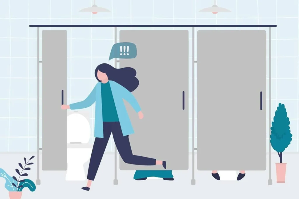 graphic of Urine incontinence Lichfield woman running to the toilet.