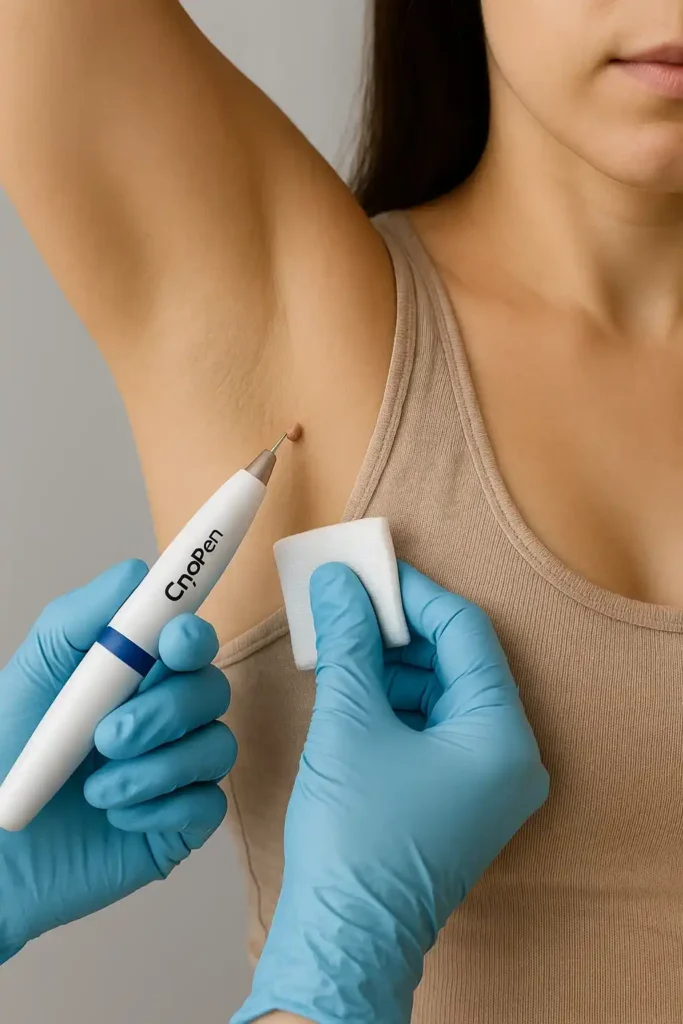 woman having cryopen to remove underarm skin tags Lichfield