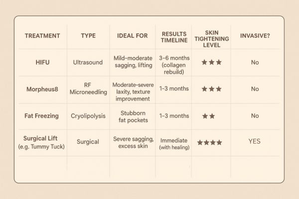 Table showing the comparisons of Skin tightening Lichfield treatment options.